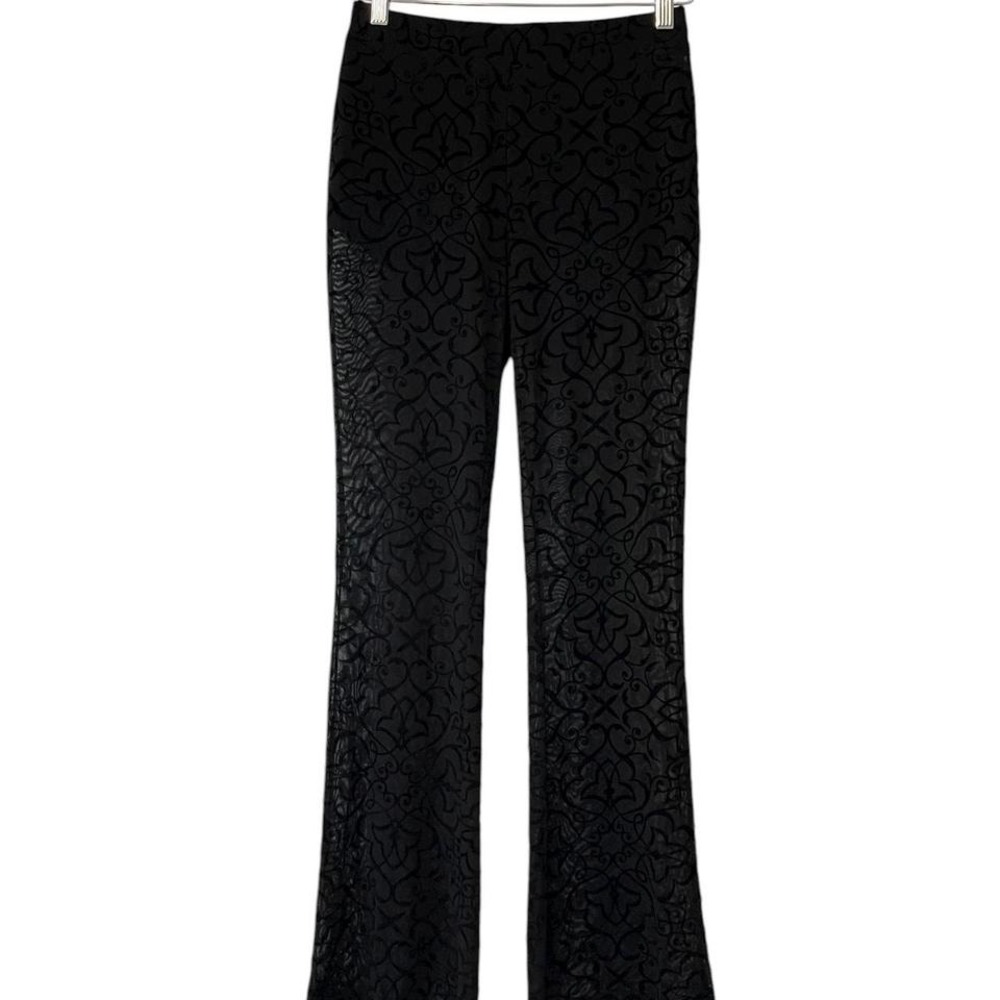 Women's Mesh Velvet Burnout Scroll Black Bell Bottom Flare Pants Size M Goth Emo